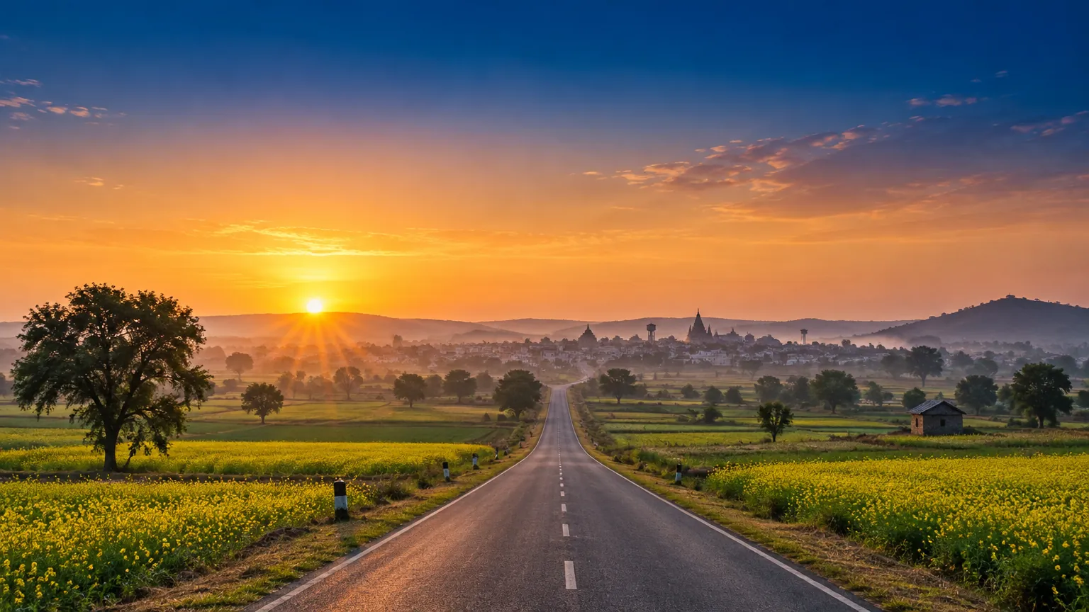 A road through green fields and mustard flowers towards a town at sunrise