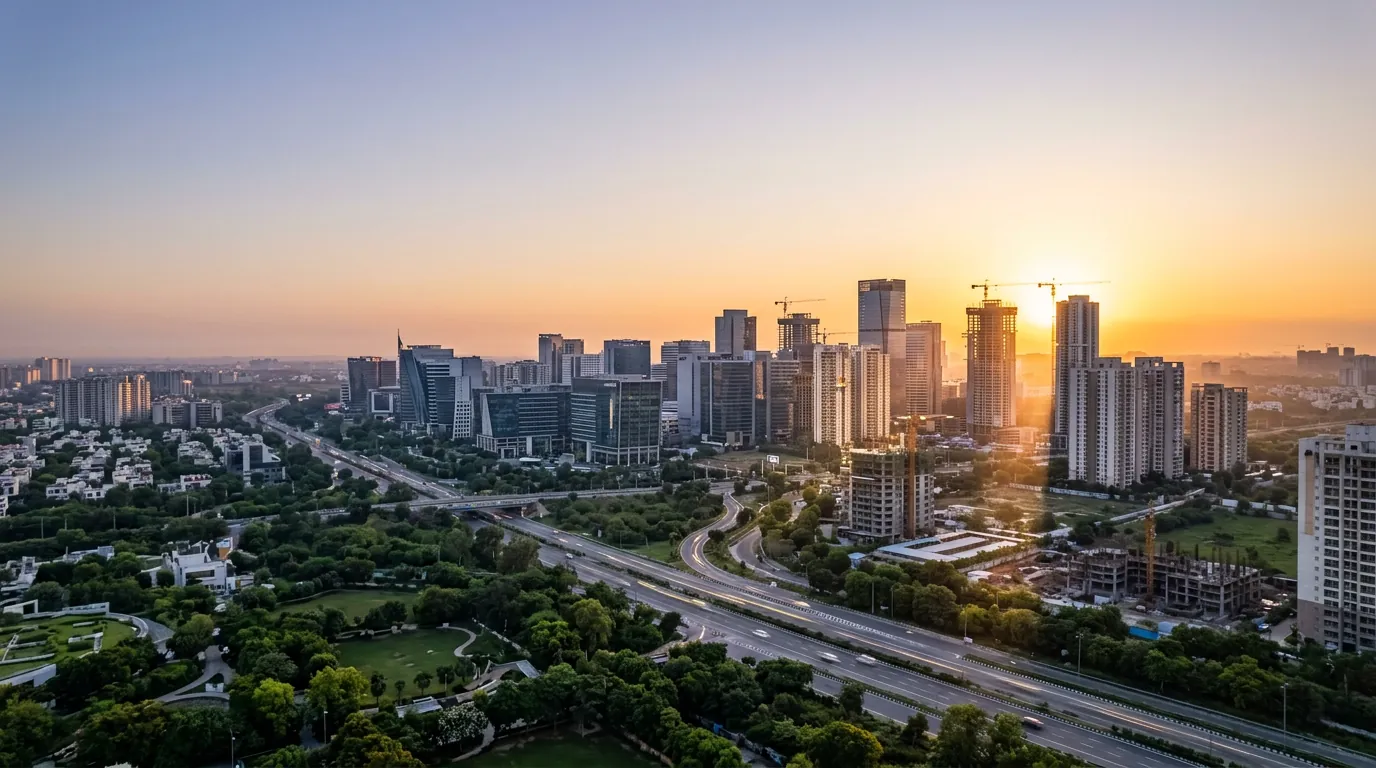 A growing Indian city at sunrise, with new towers, cranes and green parks