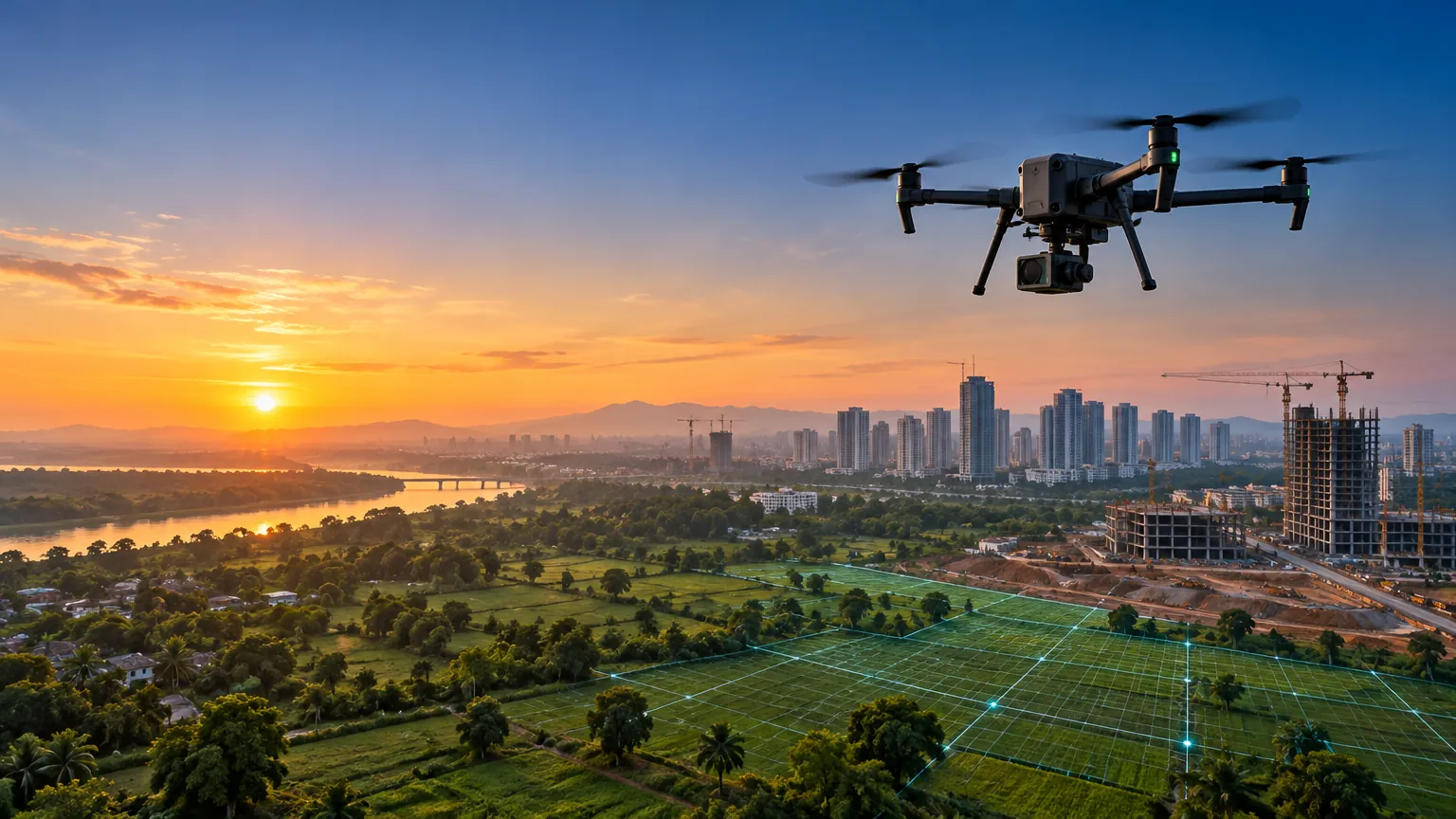 A survey drone over green fields and a growing city at sunrise