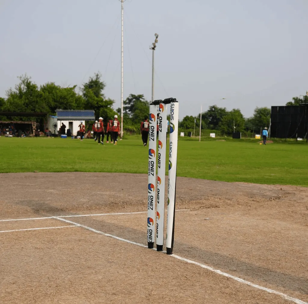 One7 Sports branded stumps on a cricket pitch