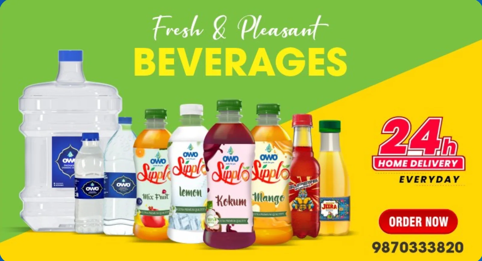 OWO water bottles, 20-litre jar and Sipplo fruit beverages